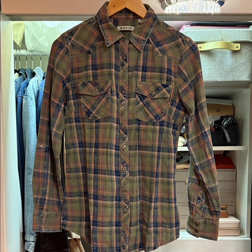 Orvis Women's Green and Blue Plaid Button Down Shirt